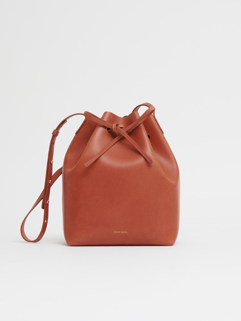 Mansur Gavriel Leather Drawstring Bucket Bag in Cognac Brown